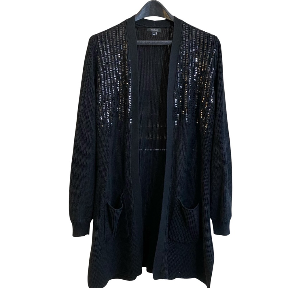 NEW Knit Open Front Black Partially Sequined Sweater Long Length